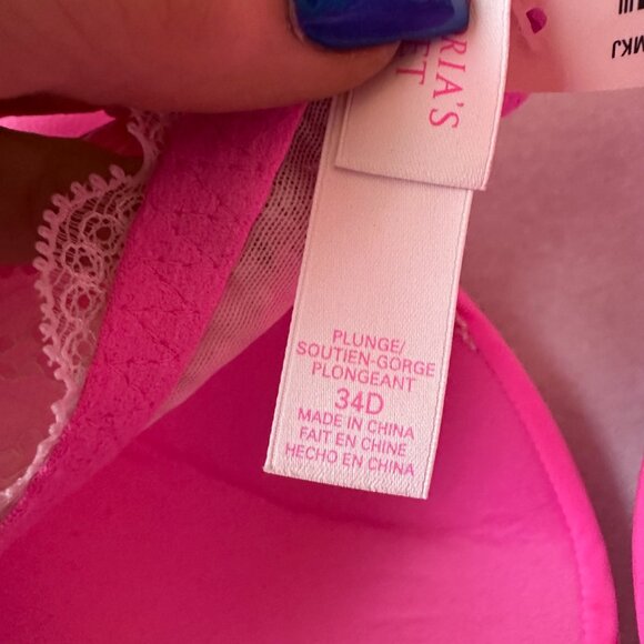 Victoria's Secret Bra Women's 34D plunge underwire hot barbie pink lace trim nwt - Picture 4 of 6